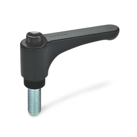 EN 600 Technopolymer Plastic Straight Adjustable Levers, Ergostyle®, with Push Button, Threaded Stud Type, with Steel Components Color of the push button: DSG - Black-gray, RAL 7021, shiny finish