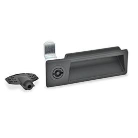EN 731.2 Technopolymer Plastic Cam Latches / Cam Locks, with Gripping Tray, with Steel Latch Arm Type: VDE - With double bit<br />Identification no.: 1 - Operation in the illustrated position top left