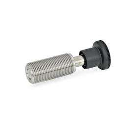 GN 313 Boulons-ressorts de bouton inox / plastique, poussoir rentré en position normale Matériau: NI - Inox<br />Type: A - Sans contre-écrou, avec bouton<br />N° d'identification: 1 - Goupille sans filetage interne