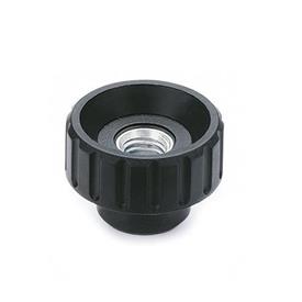 EN 590.5 Boutons de préhension cannelés en technopolymère, avec insert taraudé en inox Type: D - Avec alésage traversant fileté