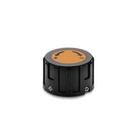 EN 957.1 Plastic Control Knobs, for Digital Position Indicators Type: L - With lettering, with arrow, ascending counter-clockwise<br />Color of the cover cap: DOR - Orange, RAL 2004, matte finish