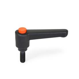 WN 304 Nylon Plastic Straight Adjustable Levers with Push Button, Threaded Stud Type, with Steel Components Lever color: SW - Black, RAL 9005, textured finish<br />Push button color: O - Orange, RAL 2004