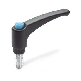 EN 603 Technopolymer Plastic Adjustable Levers, with Push Button, Ergostyle®, Threaded Stud Type, with Steel Components Color of the push button: DBL - Blue, RAL 5024, shiny finish