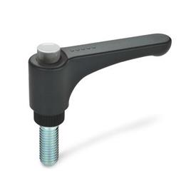 EN 600 Technopolymer Plastic Straight Adjustable Levers, with Push Button, Threaded Stud Type, with Steel Components, Ergostyle® Color of the push button: DGR - Gray, RAL 7035, shiny finish