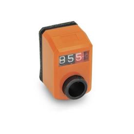 EN 955 Indicateurs de position numériques miniatures en plastique, écran 3 chiffres, réceptacle de l'arbre en acier Installation (vue de face): FN - À l'avant, au-dessus<br />Couleur: OR - Orange, RAL 2004