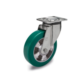 EN 22886 Steel Medium Duty Casters, Polyurethane Wheel Tread, Aluminum Wheel Core, Medium Version Bearing type: K - Annular ball bearing<br />Bracket type: L - Swivel bracket with mounting plate<br />Coding: M - Medium version<br />Bracket material: ST - Steel sheet metal