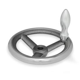 DIN 950 Volants à bras en fonte / aluminium, avec ou sans poignée tournante Matériau: GG - Fonte<br />Code d'alésage: B - Sans rainure de clavette<br />Type: D - Avec poignée tournante