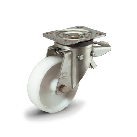 EN 22892 Steel Medium Duty Casters, Polyamide Wheel Tread / Core, Medium Version Bearing type: G - Friction bearing
Bracket type: LF - Swivel bracket with mounting plate, with total lock brake
Coding: M - Medium version
Bracket material: ST - Steel sheet metal