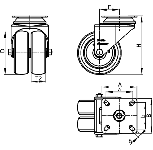  LDA-TPA Rodajas giratorias de acero con ruedas gemelas de servicio ligero, con placa de montaje, serie de soportes estándar boceto