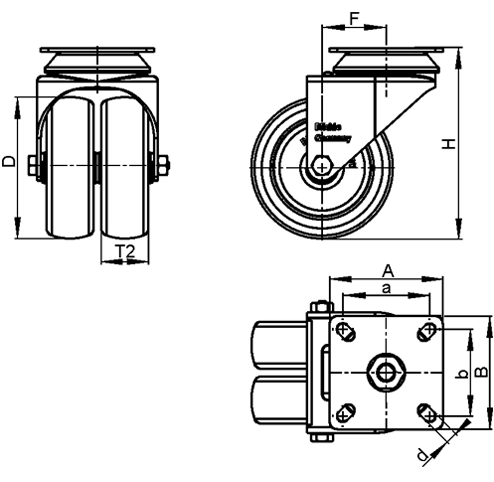  LDA-POA Rodajas giratorias de acero con ruedas gemelas de nylon negro, con placa de montaje, serie de soportes estándar boceto