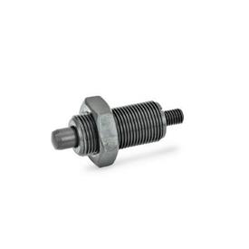 GN 613 Steel Indexing Plungers, with Plastic Knob, Non Lock-Out, with Fully Threaded Body Material: ST - Steel<br />Type: GK - With threaded stem, with lock nut