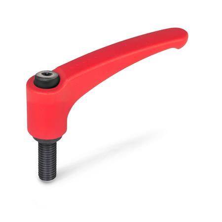 EN 602 Zinc Die-Cast Adjustable Levers, Threaded Stud Type, with Steel Components, Ergostyle® Color: RS - Red, RAL 3000, textured finish