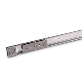 GN 1490 Stainless Steel Cam Roller Linear Guide Rail Systems, Formed Rail Profile Type: A3 - With one cam roller carriage with 3 rollers<br />Identification no.: 2 - With two end stops<br />Material: NI - Stainless steel