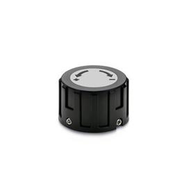 EN 957.1 Perillas de control de plástico, para indicadores de posición digitales Tipo: L - Con inscripción, con flecha, ascendiente en sentido antihorario<br />Color de la tapa de cubierta: DGR - Gris, RAL 7035, acabado mate