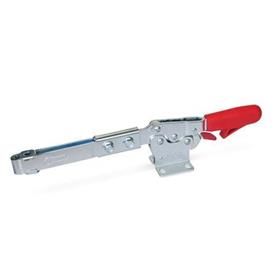 GN 820.3 Steel Extended Arm Horizontal Acting Toggle Clamps, with Safety Hook, with Horizontal Mounting Base Type: UL - Clamping arm extended, with slotted hole and with two flanged washers