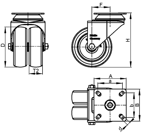  LDA-VPA Rodajas giratorias de acero zincado con ruedas gemelas de caucho gris de servicio medio con placa de montaje boceto