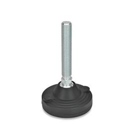EN 245 Steel Leveling Feet, Plastic Base, Threaded Stud Type with Spherical Seating, with Mounting Holes Type: AG - Without nut, with rubber pad