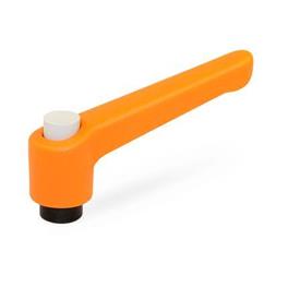 WN 303 Nylon Plastic Adjustable Levers with Push Button, Tapped or Plain Bore Type, with Blackened Steel Components Lever color: OS - Orange, RAL 2004, textured finish<br />Push button color: G - Gray, RAL 7035