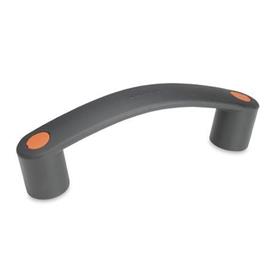 EN 628.3 Technopolymer Plastic Flexible Bridge Handles, with Counterbored Mounting Holes, Ergostyle® Color of the cover caps: DOR - Orange, RAL 2004, matte finish