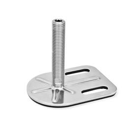 GN 43 Inch Thread, Stainless Steel Leveling Feet, Tapped Socket or Threaded Stud Type, with Slotted Mounting Hole, Rectangular Shape Type (Base): G3 - With rubber pad, vulcanized, black, with 2 slotted holes<br />Version (Stud / Socket): U - Without nut, internal hex at the top, wrench flat at the bottom