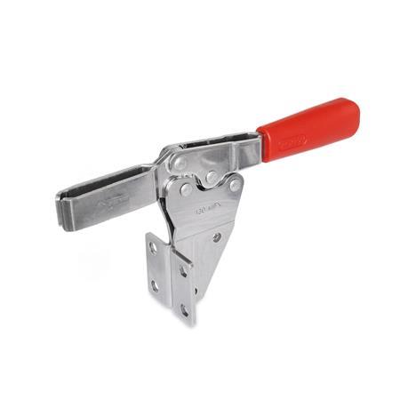 GN 820.2 Stainless Steel Horizontal Acting Toggle Clamps, with Vertical Mounting Base Material: NI - Stainless steel
Type: MF - U-bar version, with two flanged washers