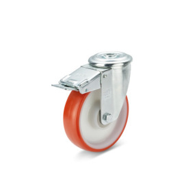 EN 22882 Steel / Stainless Steel Medium Duty Casters, Polyurethane Wheel Tread, Polyamide Wheel Core, Light Version Bearing type: K - Annular ball bearing<br />Bracket type: RF - Swivel bracket with center hole, with total lock brake<br />Coding: L - Light version<br />Bracket material: ST - Steel sheet metal