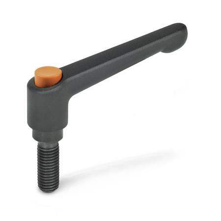 Adjustable Levers GN 303: Zinc Die-Cast, Threaded Stud Type, with Blackened Steel Components, with Push Button