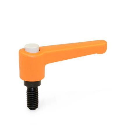 WN 304 Nylon Plastic Straight Adjustable Levers with Push Button, Threaded Stud Type, with Steel Components Lever color: OS - Orange, RAL 2004, textured finish
Push button color: G - Gray, RAL 7035