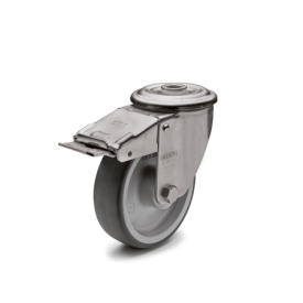 EN 22872 Steel / Stainless Steel Medium Duty Casters, Thermoplastic Elastomer Wheel Tread, Polypropylene Wheel Core, Light Version Bearing type: G - Friction bearing<br />Bracket type: RF - Swivel bracket with center hole, with total lock brake<br />Coding: L - Light version<br />Bracket material: NI - Stainless steel sheet metal