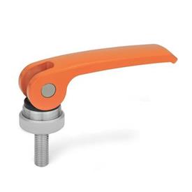 GN 927.4 Zinc Die-Cast Clamping Levers with Eccentrical Cam, Threaded Stud Type, with Stainless Steel Components Type: A - Plastic contact plate with setting nut<br />Color: O - Orange, RAL 2004