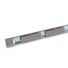 GN 1490 Steel Cam Roller Linear Guide Rail Systems, with Interior Travel Path Type: B3 - With two cam roller carriages with 3 rollers<br />Identification no.: 2 - With two end stops<br />Finish: ZB - Zinc plated, blue passivated finish
