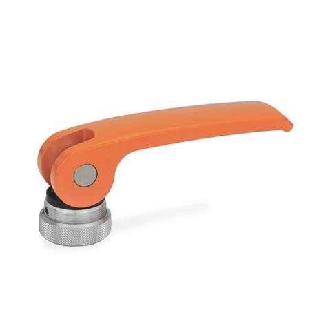 GN 927.4 Zinc Die-Cast Clamping Levers with Eccentrical Cam, Tapped Type, with Stainless Steel Components Type: A - Plastic contact plate with setting nut
Color: O - Orange, RAL 2004