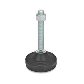 EN 246 Steel Leveling Feet, Plastic Base, Threaded Stud Type, without Mounting Holes Type: BG - With nut, with rubber pad