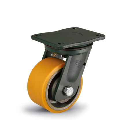 EN 22887 Steel Heavy Duty Casters, Polyurethane Wheel Tread, Cast Iron Wheel Core, Extra-Heavy Version Bearing type: K - Annular ball bearing
Bracket type: L - Swivel bracket with mounting plate
Coding: E - Extra-heavy version
Bracket material: ST - Welded steel design