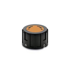 EN 957.1 Plastic Control Knobs, for Digital Position Indicators Type: R - With lettering, with arrow, ascending clockwise<br />Color of the cover cap: DOR - Orange, RAL 2004, matte finish