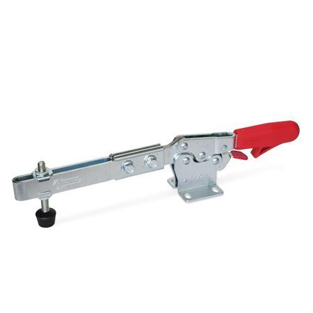 GN 820.3 Steel Extended Arm Horizontal Acting Toggle Clamps, with Safety Hook, with Horizontal Mounting Base Type: ULC - Clamping arm extended, with slotted hole, two flanged washers and GN 708.1 spindle assembly