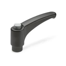 EN 603 Technopolymer Plastic Adjustable Levers, Ergostyle®, with Push Button, Tapped Type, with Brass Insert Color of the push button: DGR - Gray, RAL 7035, shiny finish