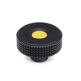 EN 534 Technopolymer Plastic Diamond Cut Knurled Knobs, with Brass Tapped or Plain Blind Bore Insert, with Colored Cap Cover cap color: DGB - Yellow, RAL 1021, matte finish