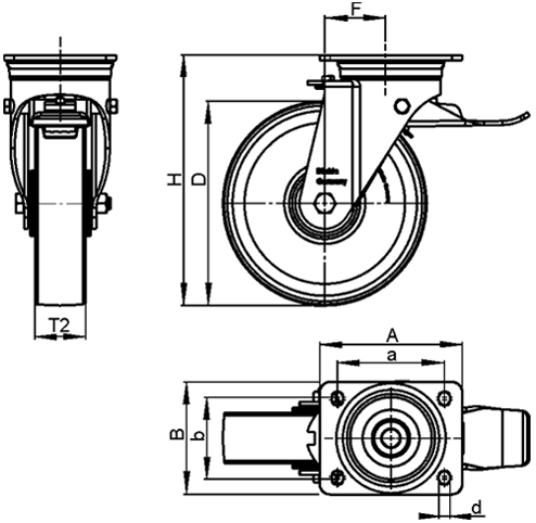  LH-GSPO Rodajas giratorias de acero con rueda de nylon fundido, con placa de montaje, serie de soportes de servicio medio boceto