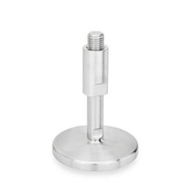 GN 21 Metric Thread, Stainless Steel Leveling Feet, Tapped Socket or Threaded Stud Type, with Turned Base, without Mounting Holes Type (Base): D0 - Fine turned, without rubber pad<br />Version (Stud / Socket): W - With adjustable sleeve, covered thread, wrench flat at the bottom