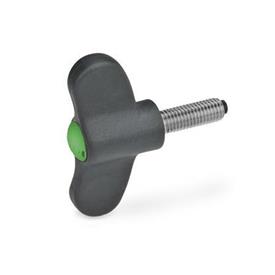 EN 633.10 Technopolymer Plastic Wing Screws, with Stainless Steel Threaded Stud, with Plastic Tip, Ergostyle® Color of the cover cap: DGN - Green, RAL 6017, matte finish