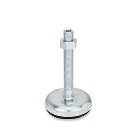 GN 30 Steel Sheet Metal Leveling Feet, Tapped Socket or Threaded Stud Type, with Rubber Pad Type (Base): A1 - Steel, zinc plated, rubber pad inlay, black<br />Version (Stud / Socket): UK - With nut, internal hex at the top, wrench flat at the bottom