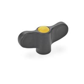 EN 634 Technopolymer Plastic Wing Nuts, with Brass Tapped Through Insert , Ergostyle® Color of the cover cap: DGB - Yellow, RAL 1021, matte finish