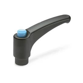 EN 603 Technopolymer Plastic Adjustable Levers, with Push Button, Tapped Type, with Brass Insert, Ergostyle® Color of the push button: DBL - Blue, RAL 5024, shiny finish