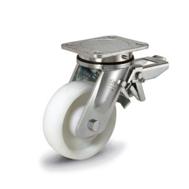 EN 22892 Steel Heavy Duty Casters, Polyamide Wheel Tread / Core, Heavy Version Bearing type: K - Annular ball bearing<br />Bracket type: LF - Swivel bracket with mounting plate, with total lock brake<br />Coding: H - Heavy version<br />Bracket material: ST - Welded steel design