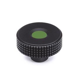 EN 534 Technopolymer Plastic Diamond Cut Knurled Knobs, with Brass Tapped or Plain Blind Bore Insert, with Colored Cap Cover cap color: DGN - Green, RAL 6017, matte finish