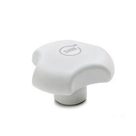 EN 5342 Boutons à trois lobes en plastique technopolymère, avec insert taraudé en inox, antimicrobien Couleur: WSA - Blanc, RAL 9016, finition mate