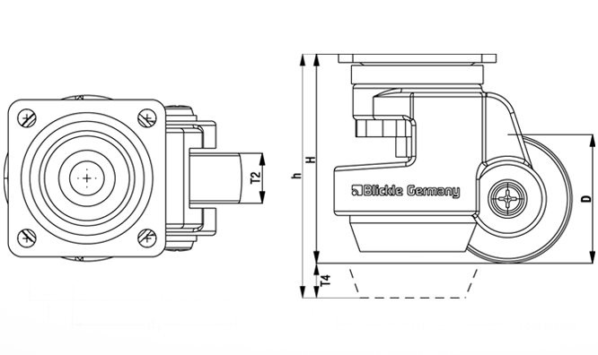  HRP-POA Steel Medium Duty Leveling Casters, with integrated truck lock and top plate fitting sketch
