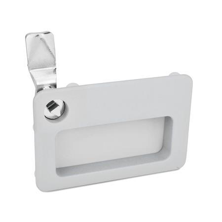 GN 115.10 Zinc Die-Cast Cam Latches, with Gripping Tray, Operation with Socket Key Type: DK - With triangular spindle
Color: SR - Silver, RAL 9006, textured finish
Identification no.: 1 - Operation in the illustrated position top left