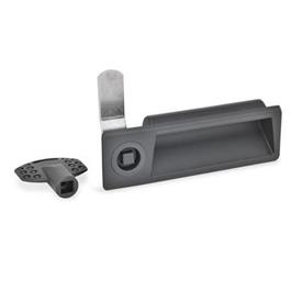 EN 731.5 Technopolymer Plastic, Cam Latches with Gripping Tray, with Stainless Steel Latch Arm Type: VK - With square spindle (VK7)<br />Identification no.: 1 - Operation in the illustrated position top left